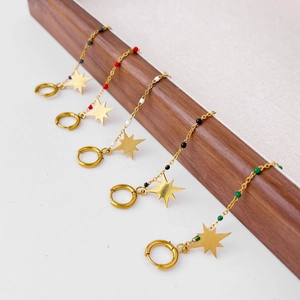 Gold stainless steel hoop earrings with colorful star pendants for a bohemian look