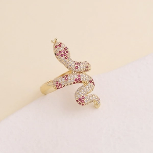 Elegant gold snake ring with micro-pave white and rose red cubic zirconia stones