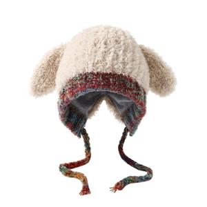 Gorro peluche para niños con orejas de conejo bordes de punto coloridos y lazos cortavientos