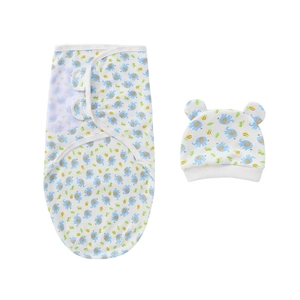 Detail of newborn swaddle and hat set with blue elephant and leaf patterns in soft cotton