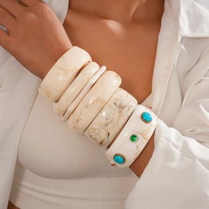 Marble Pattern Resin Bangle Bracelet Geometric Hexagon Round Thick Cuff Vintage Bohemian With Inlaid Stones For Women