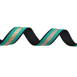 Adjustable striped shoulder strap for handbags in black, gold and teal woven patterns