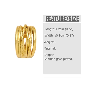 Detail view of multi-layered gold plated copper ear cuff with size and material specifications