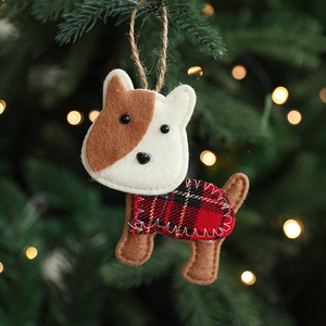 Felt dog ornament for Christmas tree with red plaid clothing and rustic twine hanger