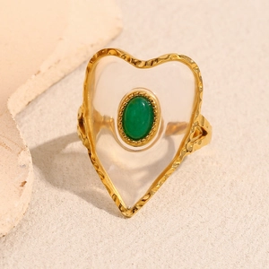 Handcrafted 18K gold plated stainless steel open ring with green acrylic heart stone