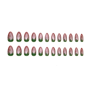 24-piece strawberry-themed glitter press-on nails with red-pink gradient and leaf design