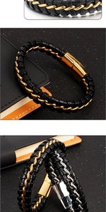 Close-up of woven leather and gold stainless steel bracelets with magnetic clasps