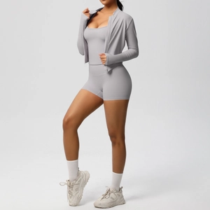 Three-piece gray yoga set with stand-up collar jacket, tank top and high-waist shorts