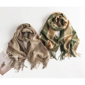 Autumn soft plaid cashmere-feel scarf with elegant tassels and color block patterns