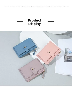 Three compact short wallets in blue, pink, and purple with lychee texture and zippers