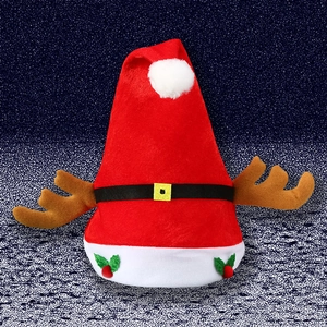 Detail of red plush Santa hat with reindeer antlers, holly berries, and black belt buckle