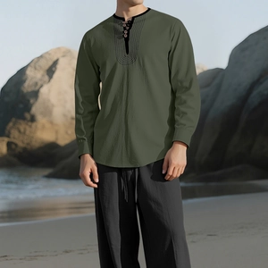 Men's olive green linen beach set with long sleeve Henley shirt and black trousers