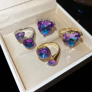 Large Geometric Triangle Rhinestone Open Ring Alloy Crystal Square Adjustable Index Finger Jewelry For Women Light Luxury