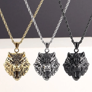 Men's hip hop wolf head pendant necklaces in gold, silver, and black stainless steel