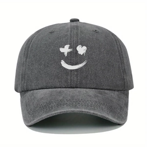 Classic washed grey cotton baseball cap with white graffiti smiley face for outdoors