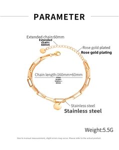 Detail of rose gold double-layer stainless steel bracelet with oval link and round tag