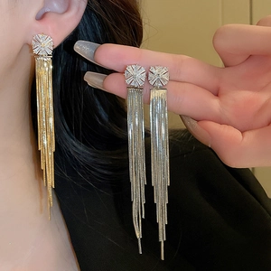 Close-up of elegant long tassel earrings with sparkling cubic zirconia and silver needles