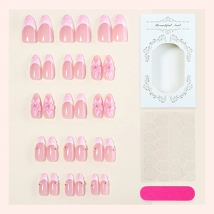 3D almond press-on nails with 3D floral relief pearls and pink French dot designs