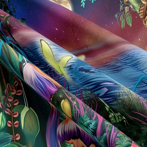 Detail of high-density polyester tapestry showing vibrant surrealist mushroom and moon prints