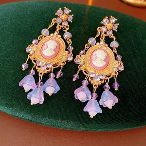 Vintage Baroque Cameo Dangle Earrings With Silver Earring Post Alloy Rhinestone Glazed Flower For Women