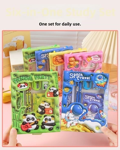 Kids stationery set with cartoon notebook, pencil and ruler in detailed window packaging