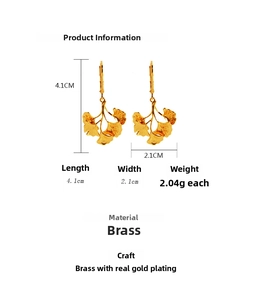 Detailed view of gold ginkgo leaf earrings with dimensions and texture of brass plating