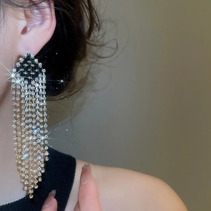 Close-up of model wearing long silver tassel earrings with cascading sparkling rhinestones