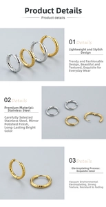Detail view of twisted rope texture stainless steel hoop earrings in gold and silver
