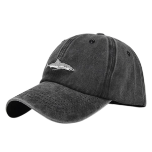 Charcoal grey washed cotton baseball cap featuring 3D white shark embroidery on the front