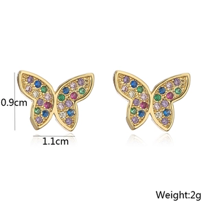 Detail view of 18K gold plated butterfly studs with multi-color zircons and 2g weight