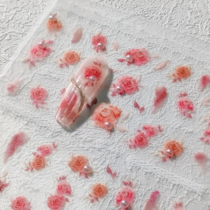 3D floral nail art stickers featuring pink roses and decorative pearl accents