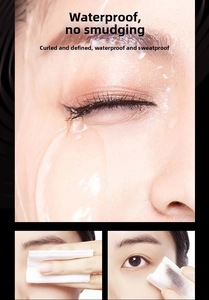 Waterproof mascara detail showing smudge-proof and sweat-resistant long-lasting curl effect