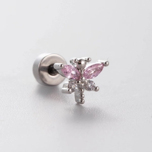 Boucle d'oreille papillon en acier titane argenté avec zircon rose et cristaux clairs