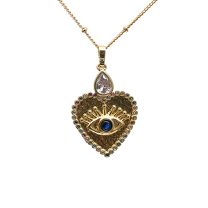 Golden heart necklace featuring an evil eye pendant with blue zircon and colorful rhinestones