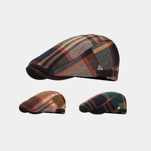 Vintage British Plaid Flat Cap Cotton Blend Adjustable Metal Buckle Ivy Newsboy Hat For Men Women