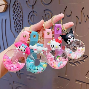 Set of Sanrio character oil-filled donut keychains with colorful liquid sand and wrist straps