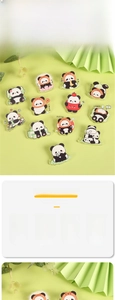 Detail shot of acrylic panda pins with high-definition printed cartoon characters