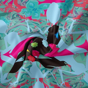 Detailed close-up of bohemian tapestry fabric featuring artistic floral and female silhouette prints