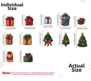 Size chart for Christmas stickers showing dimensions of various gift boxes and trees