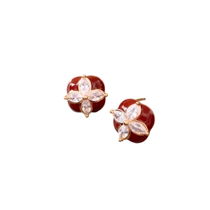 Exquisite 18k gold plated deep red flower stud earrings with marquise zirconia crystals