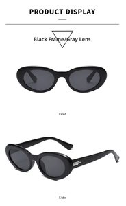 Detailed front and side views of black cat-eye sunglasses with oval gray lenses