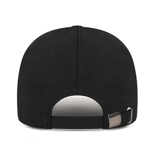 Adjustable black R-letter baseball cap with mesh texture and metal buckle back view
