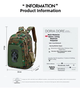 Detailed size specifications of camouflage nylon backpack measuring 30x14x45cm for travel