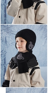 Dettaglio del set cappello con paraorecchie e sciarpa in maglia nera per bambini con orso