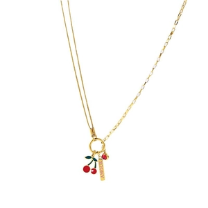Gold cherry necklace with red crystal and AMOUR pendant in stainless steel for women
