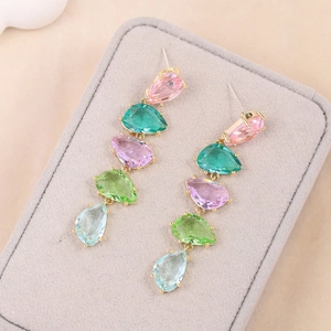 Elegant gold drop earrings with multi-colored irregular pear-cut zircon crystals