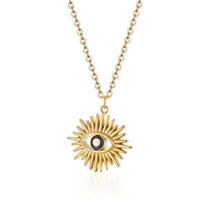 Retro Titanium Steel Evil Eye Pendant Necklace For Women Men Sunburst Design Rhinestone Inlaid Fashion Jewelry Gift