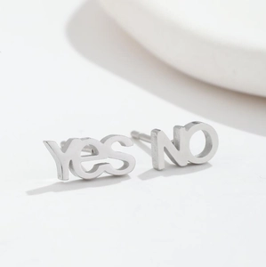 Minimalist silver stainless steel stud earrings featuring YES and NO asymmetric design