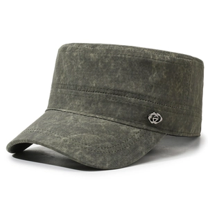 Vintage distressed olive green military flat top cap for men with metal logo detail