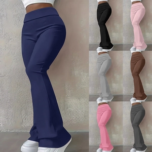 Women High Waist Flare Pants Solid Color Slim Fit Bootcut Casual Long Trousers Skinny Polyester Yoga Sports Pants